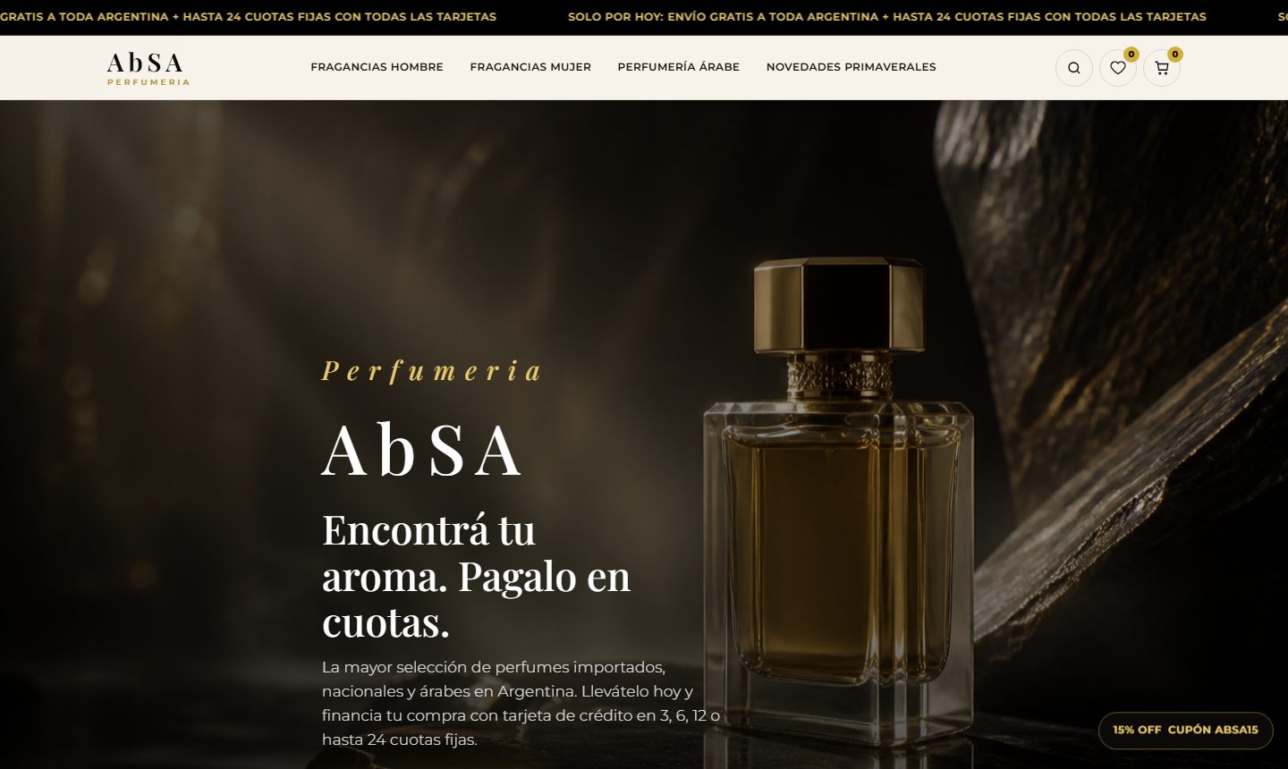 Portada de AbSA Perfumería con un frasco y el título de la tienda.