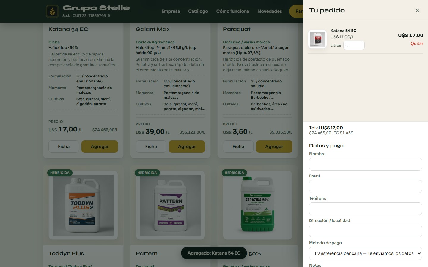 Pedido abierto con litros y datos de pago.