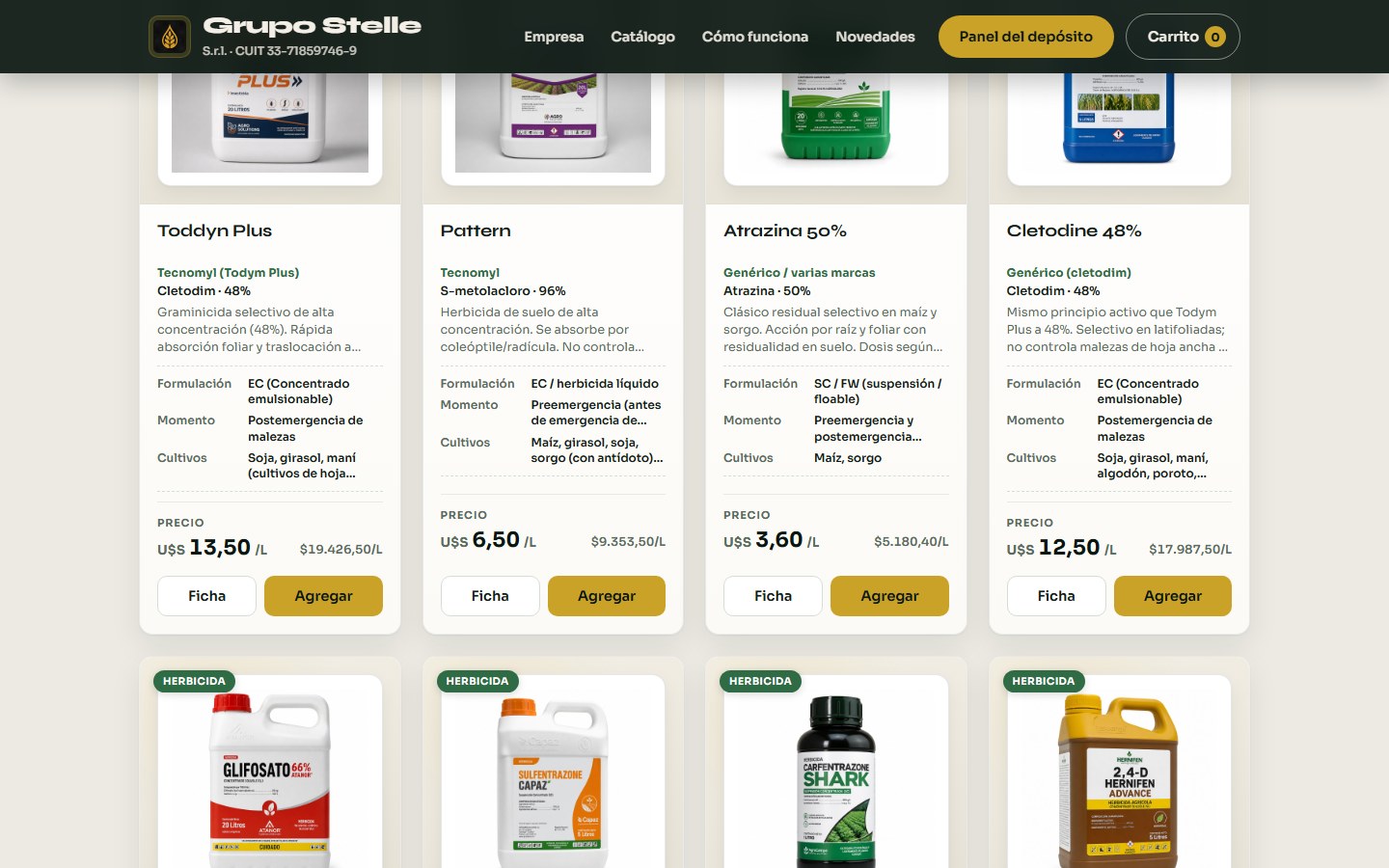 Catálogo de AgroStock con productos por litro y botón para agregar.