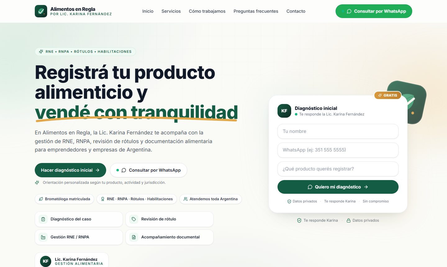 Landing de Alimentos en Regla con formulario de diagnóstico.