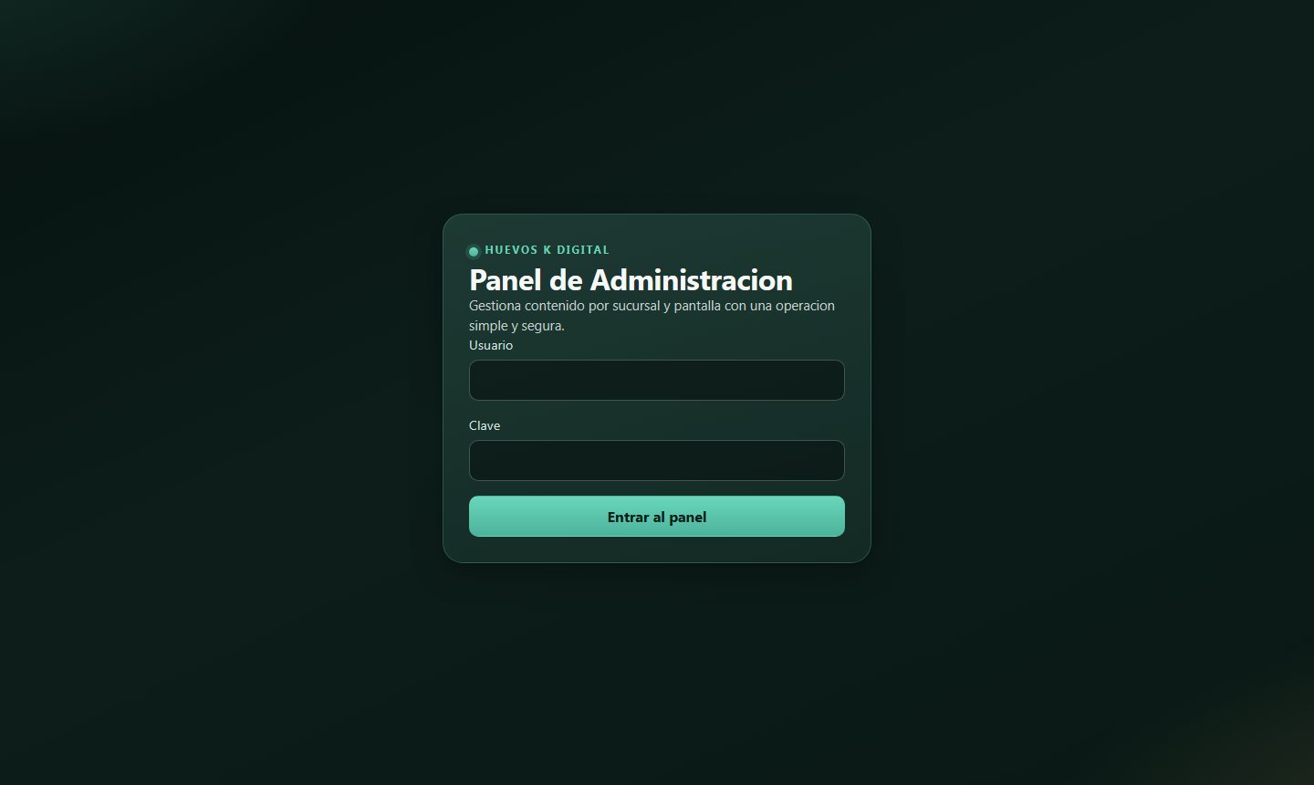 Pantalla de acceso al panel de cartelería digital Huevos K.