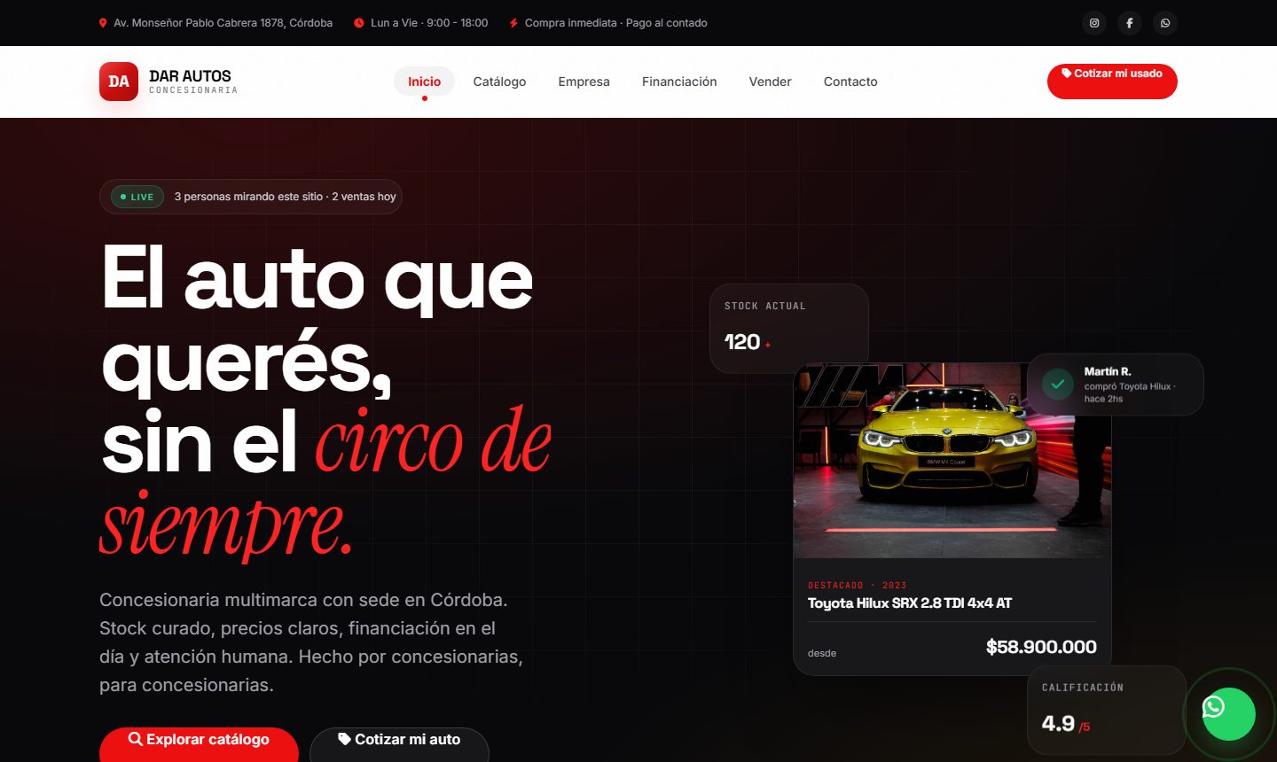 Inicio de Dar Automotores con un auto destacado y acceso al catálogo.