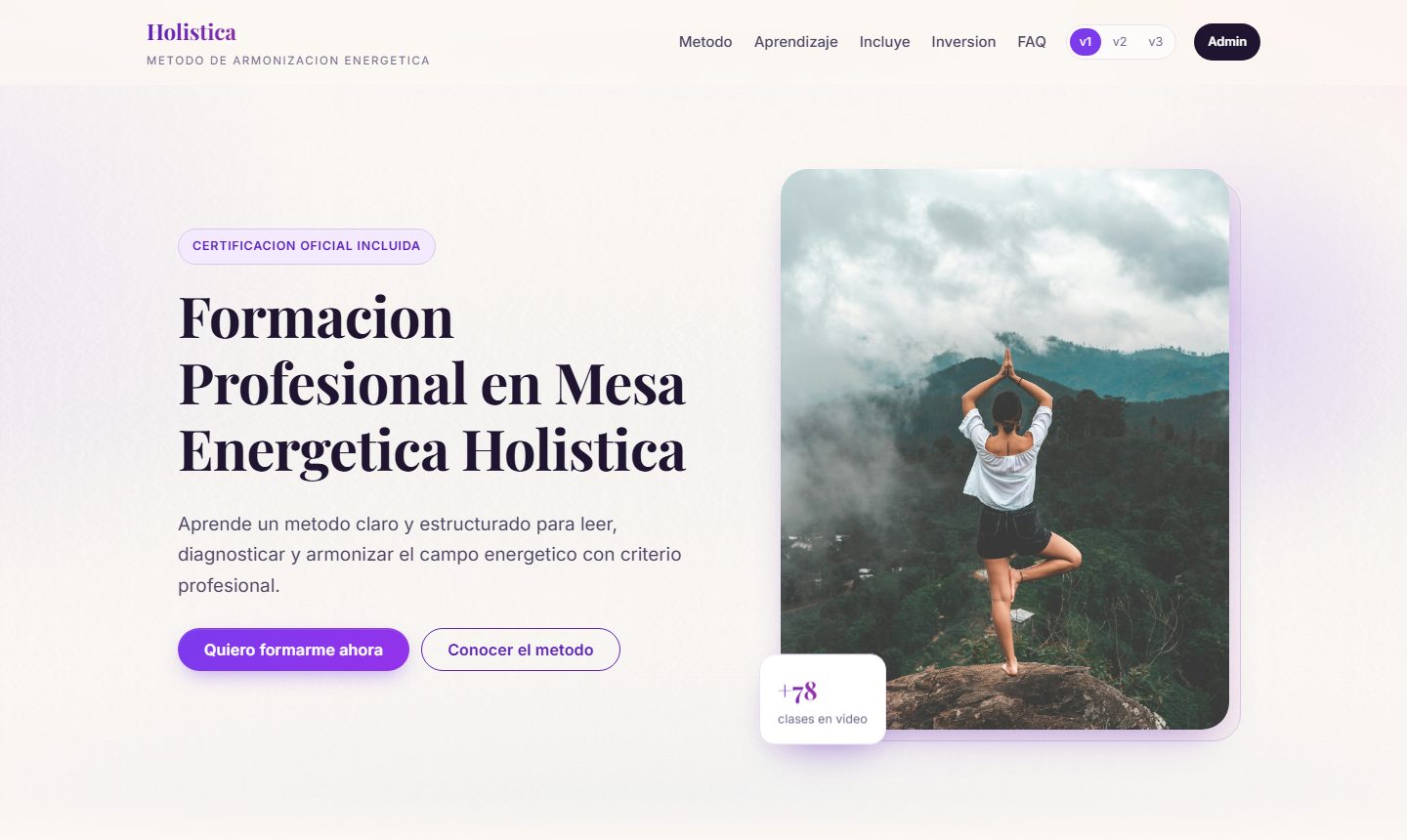 Inicio de Holística con título del método y acceso al admin.
