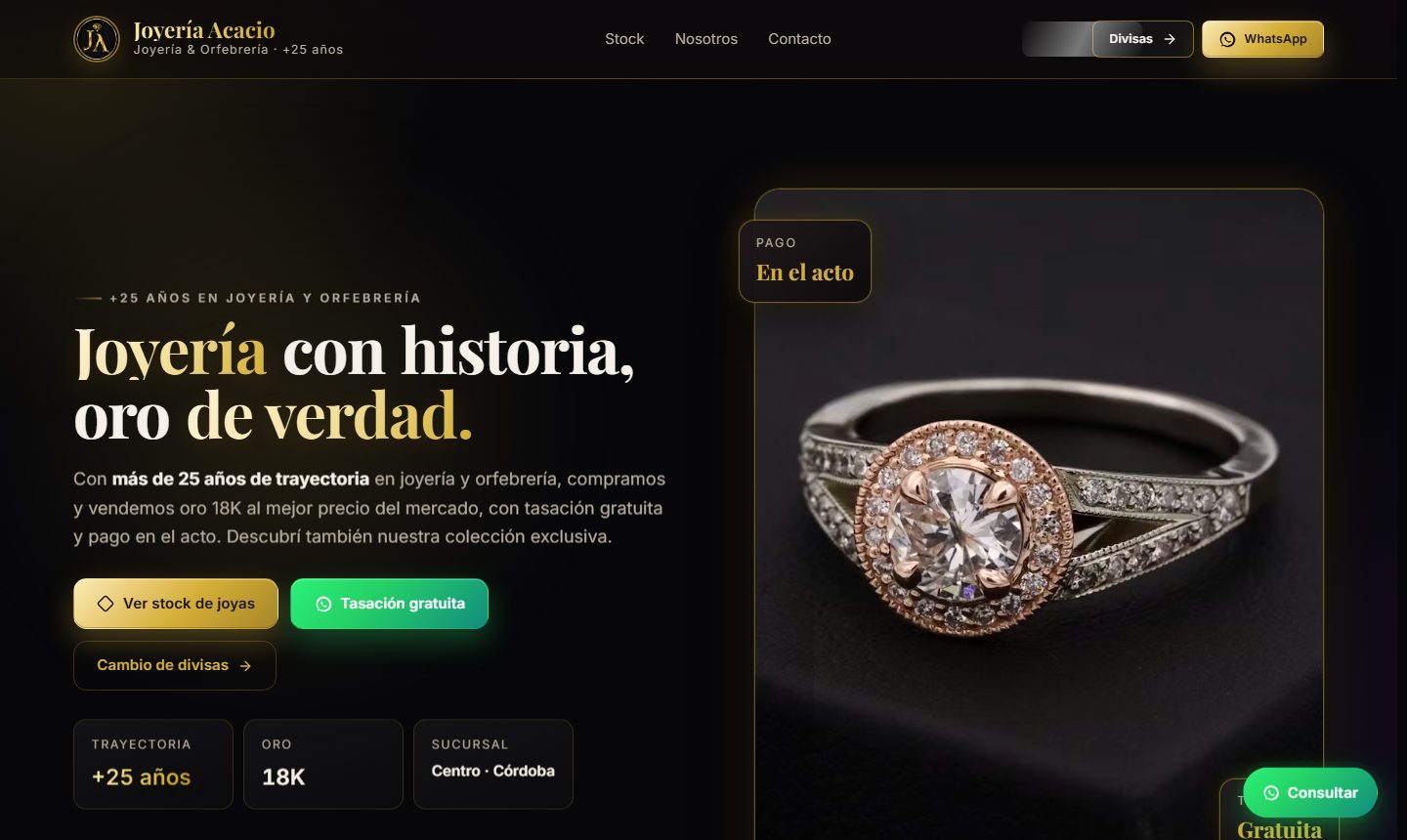 Inicio de Joyería Acacio con anillo en stock y llamadas a consultar.