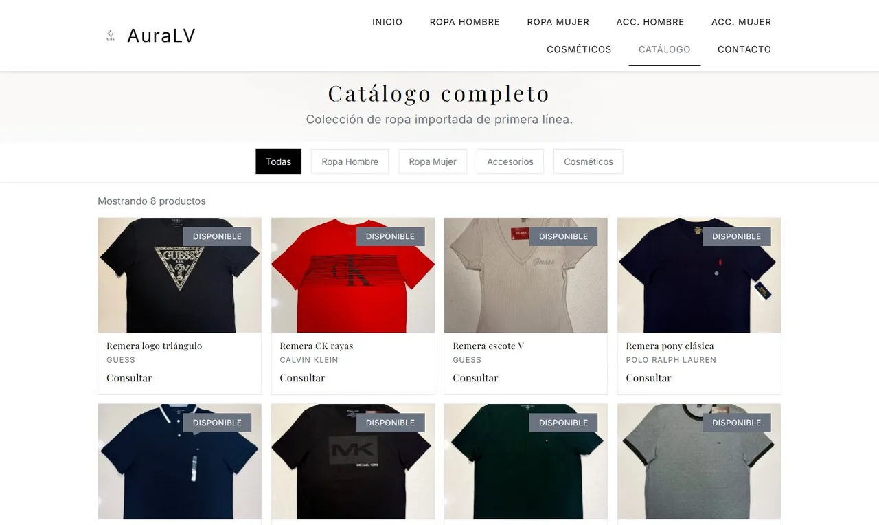 Catálogo de Aura LV Store con remeras y estado de stock.