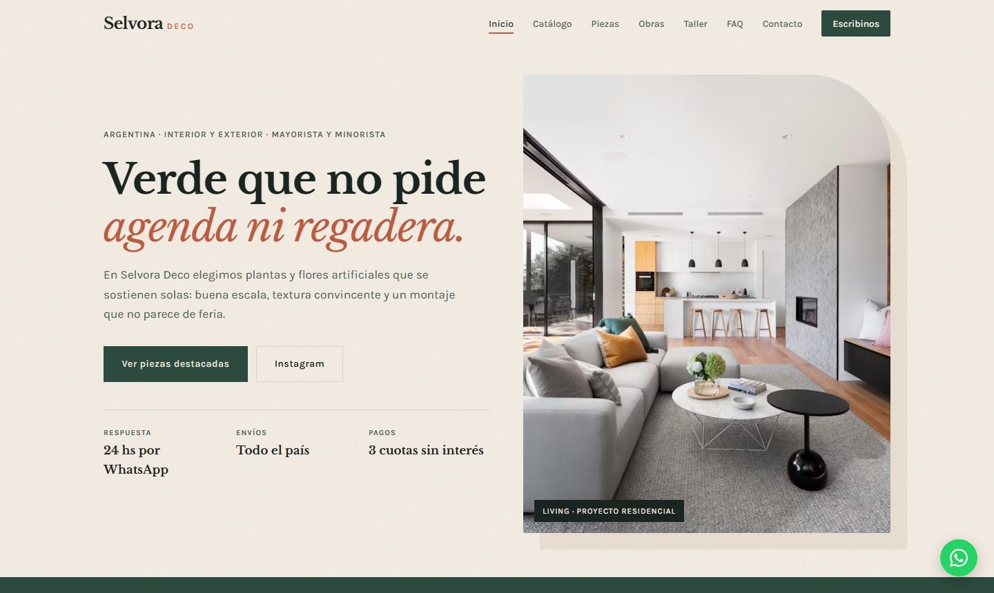 Inicio de Selvora Deco con living y acceso al catálogo.